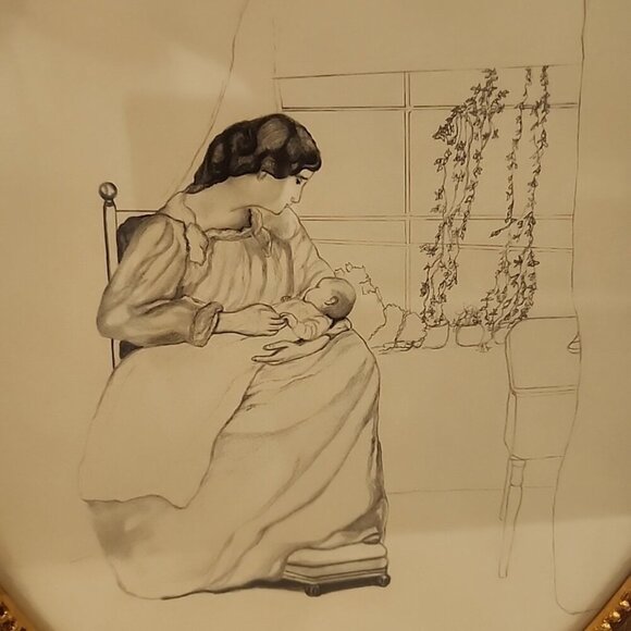 Framed Pencil Art Drawing Victorian Mother Baby Signed Tootsie Banta 5/100 - Picture 2 of 7